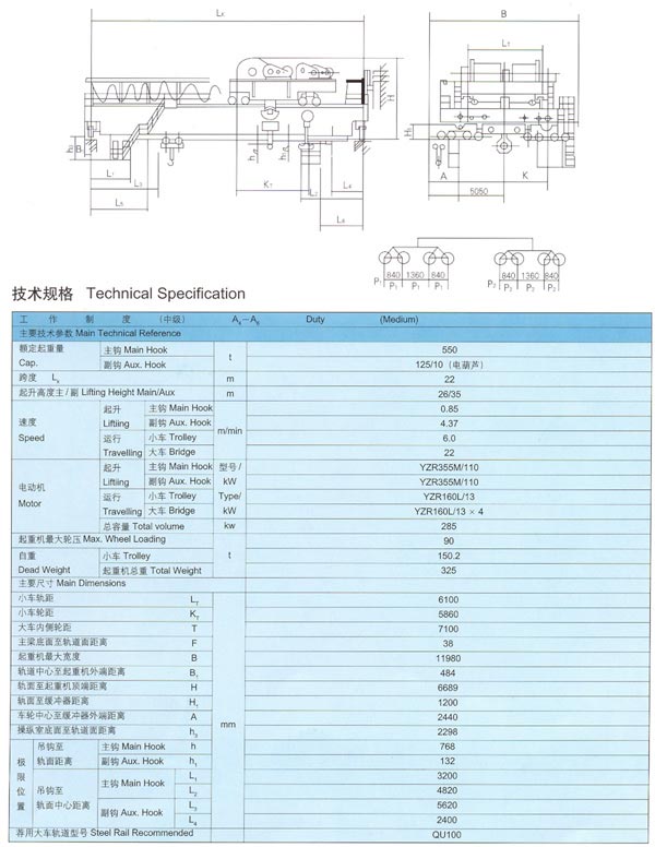 QD型5-550/125/10噸吊（diào）鉤橋（qiáo）式起重機（jī）